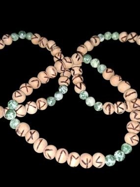 Handcrafted 8mm Wood Rune Bracelet With Genuine Moss Agate